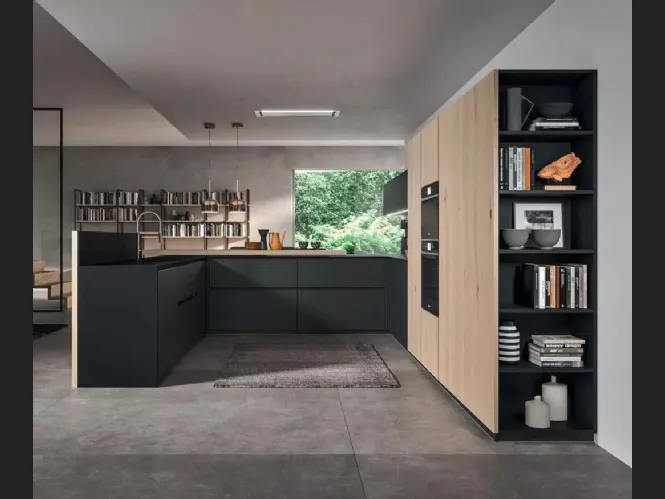 Cucina Moderna con penisola Time 04 in vetro Nero opaco e impiallacciato Rovere nordico nodato di Gentili Cucine